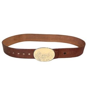 Tan Leather Belt Mens Western Cowboy Scene Oval Buckle Size 32